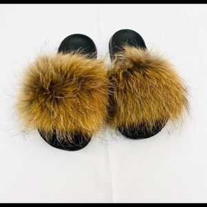 Brown Raccoon Fur Slides